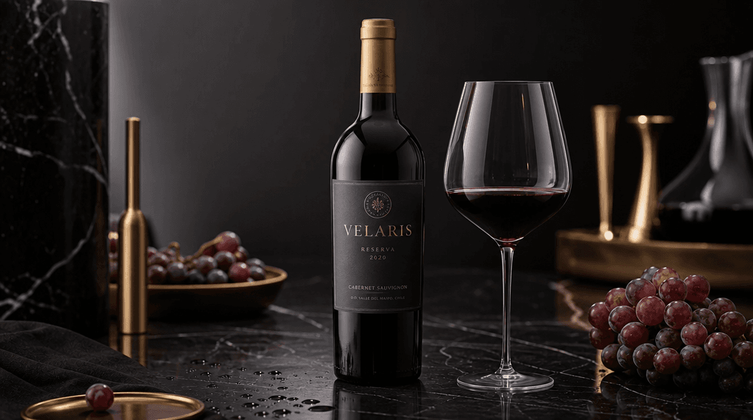 Refined beverage environment scene. Dark polished surfaces with scattered premium elements—wine droplets, grape clusters