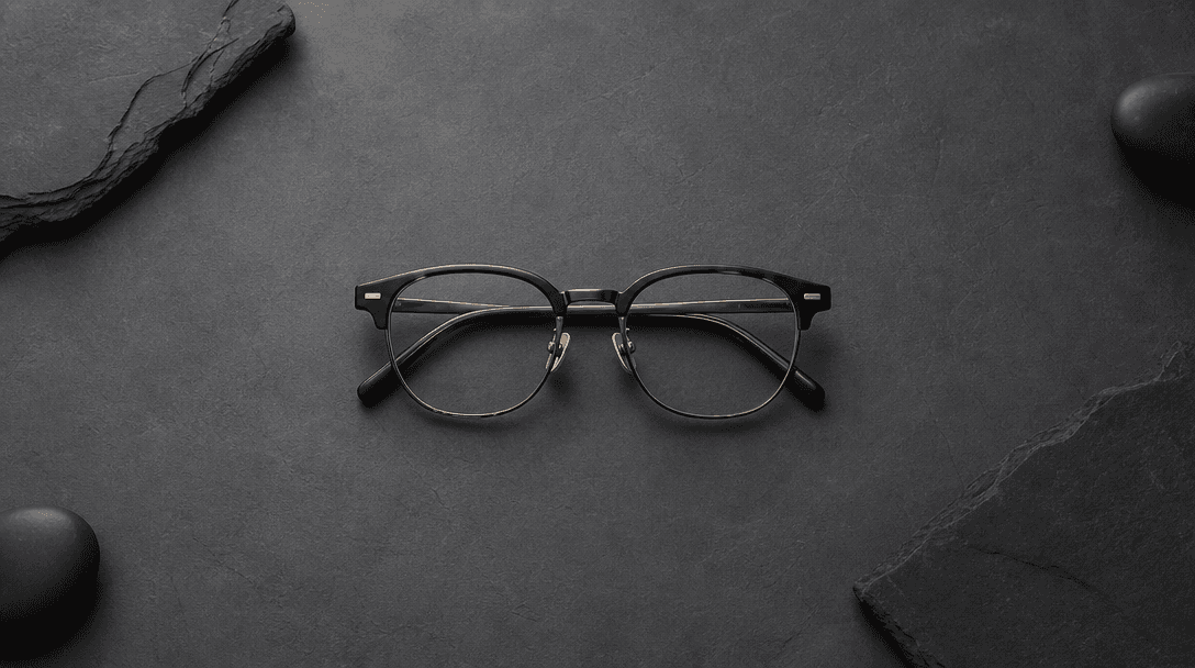 Studio flatlay of a premium eyewear frame centered on a dark slate editorial surface, surrounded by precise negative spa