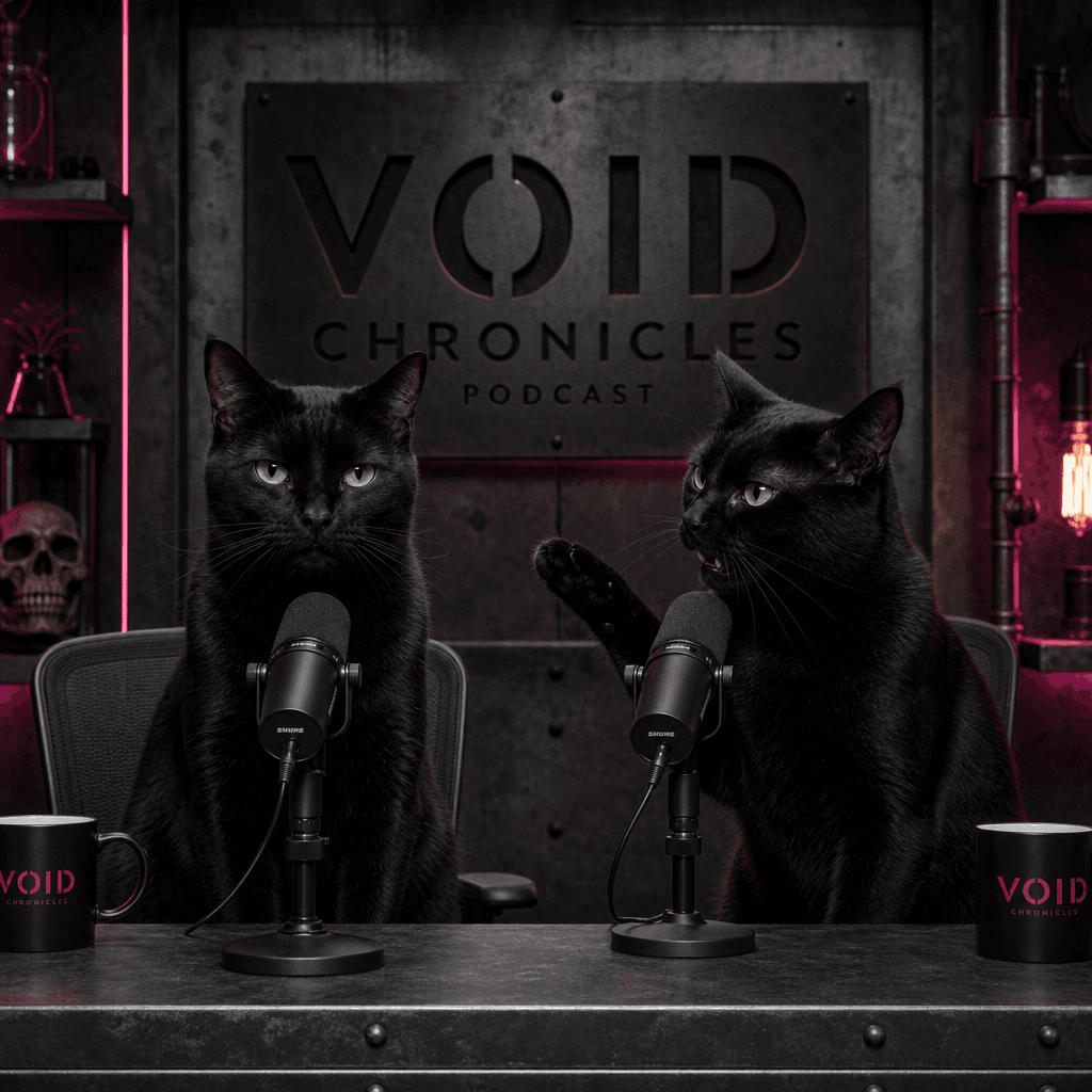 Two black cats sitting upright at a stark metal podcast desk in a dramatic industrial studio, one staring deadpan while 