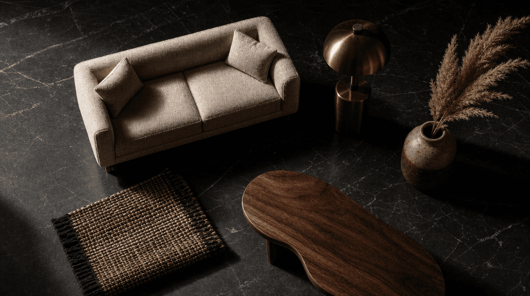 Dark editorial flat-lay of miniature interior design objects arranged with deliberate spacing on a polished black stone 