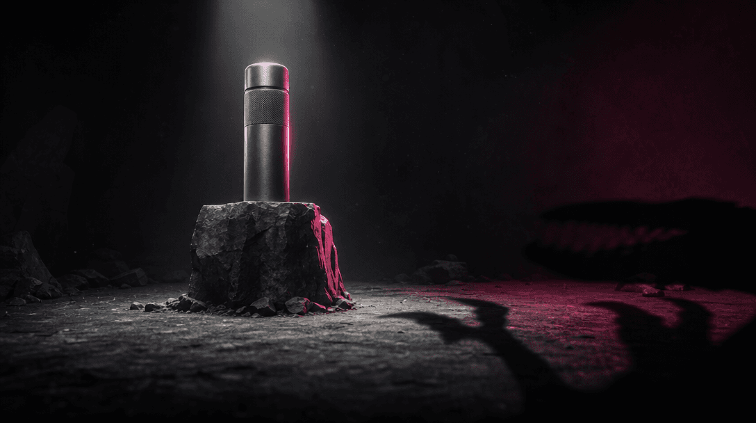 A single premium product container standing like a heroic monument in a cavernous black studio as an enormous dinosaur s