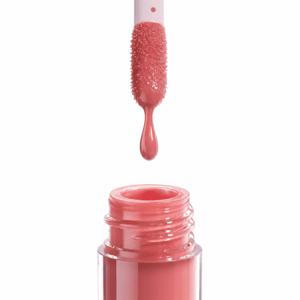 Studio beauty close-up: a pink-toned lip gloss wand suspended mid-air above an open tube, a single glossy bead of produc