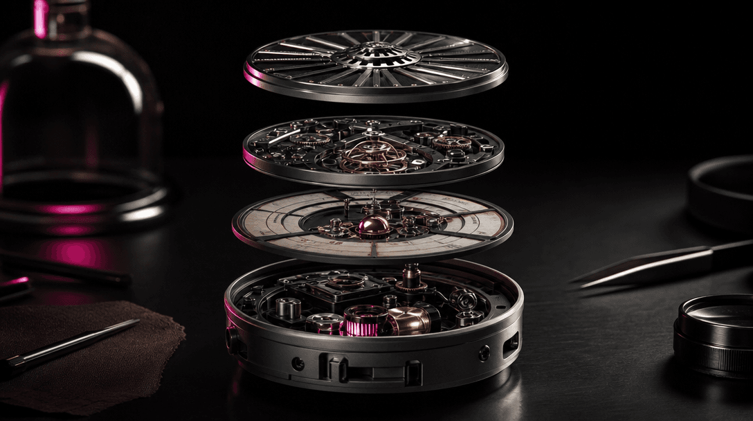 A wide cinematic still of one intricate mechanical object separating into four precise layers across a dark studio table