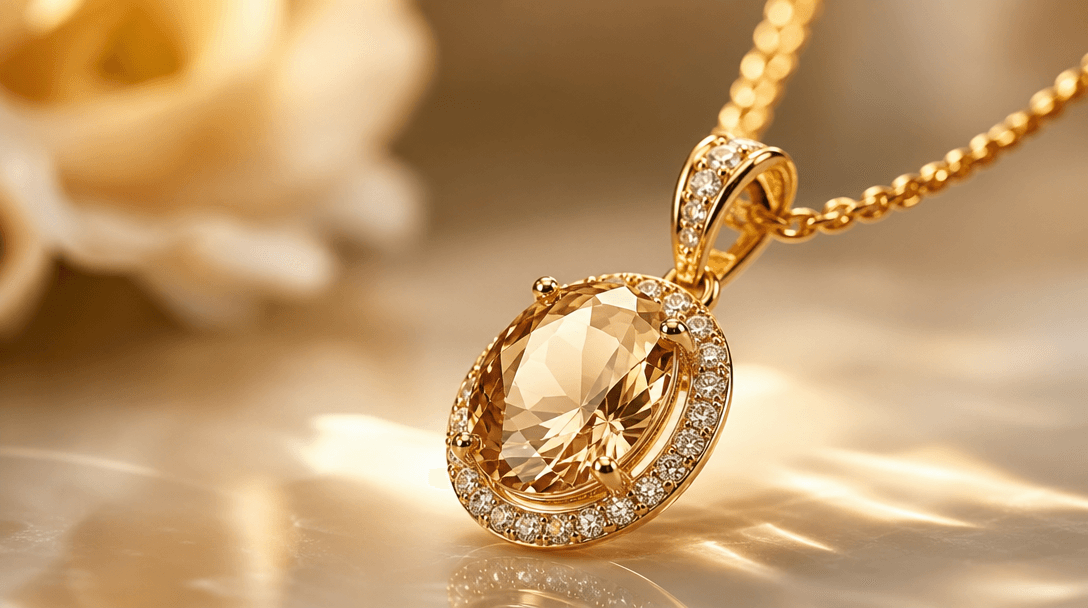 Soft golden light catching on polished jewelry surface—metal gleam and gemstone sparkle. Shallow depth-of-field, studio 