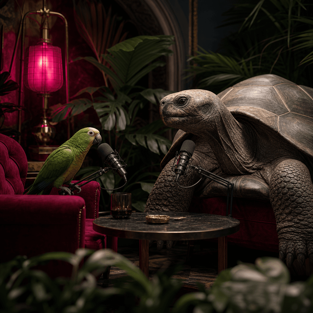 A small green parrot interviewing a massive tortoise inside an elegant tropical podcast set, microphones positioned natu