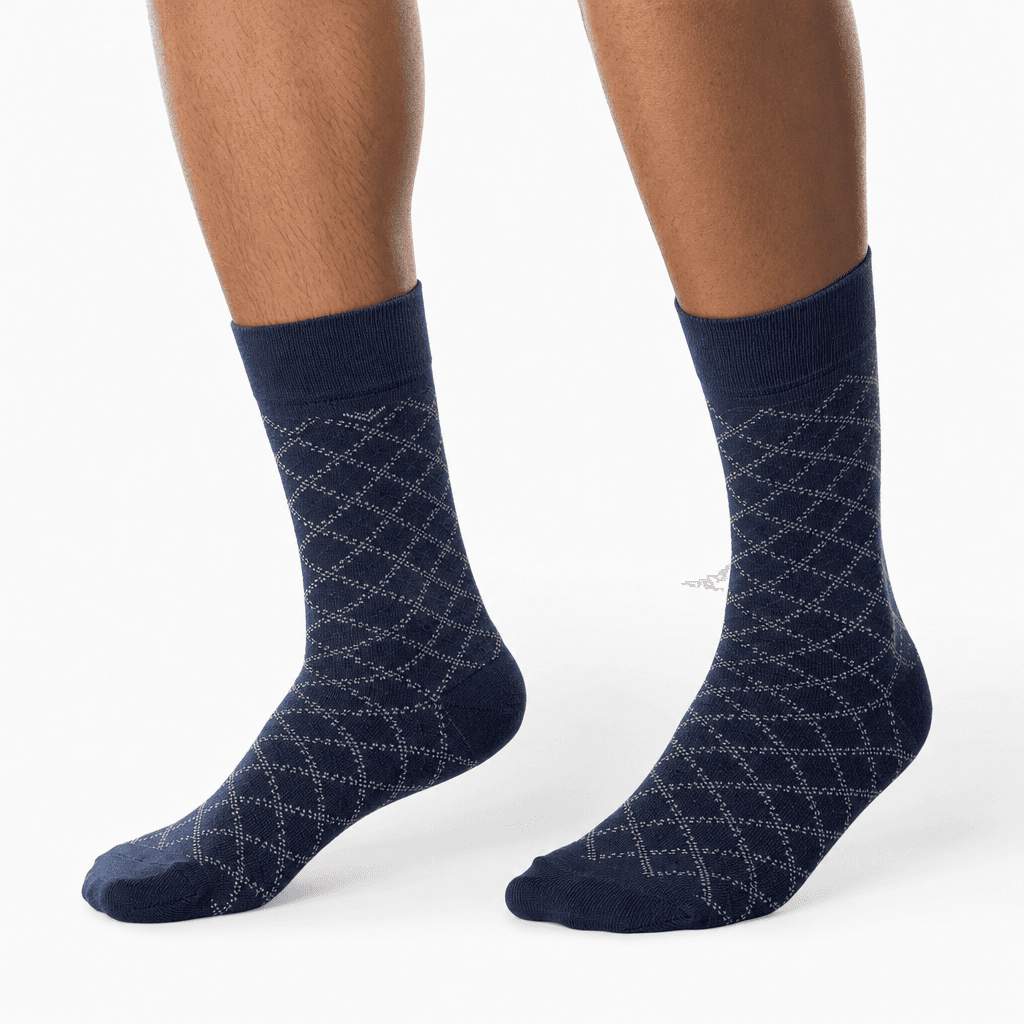 Professional socks try-on angle, studio lighting, premium product styling, detailed texture visibility, white background