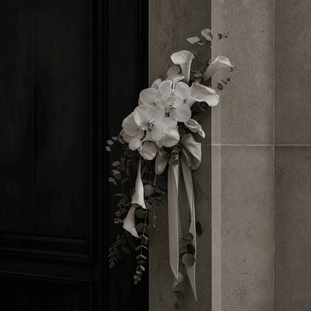 A minimalist white orchid and calla lily bouquet hanging on a smooth limestone doorway, restrained ivory ribbon and spar