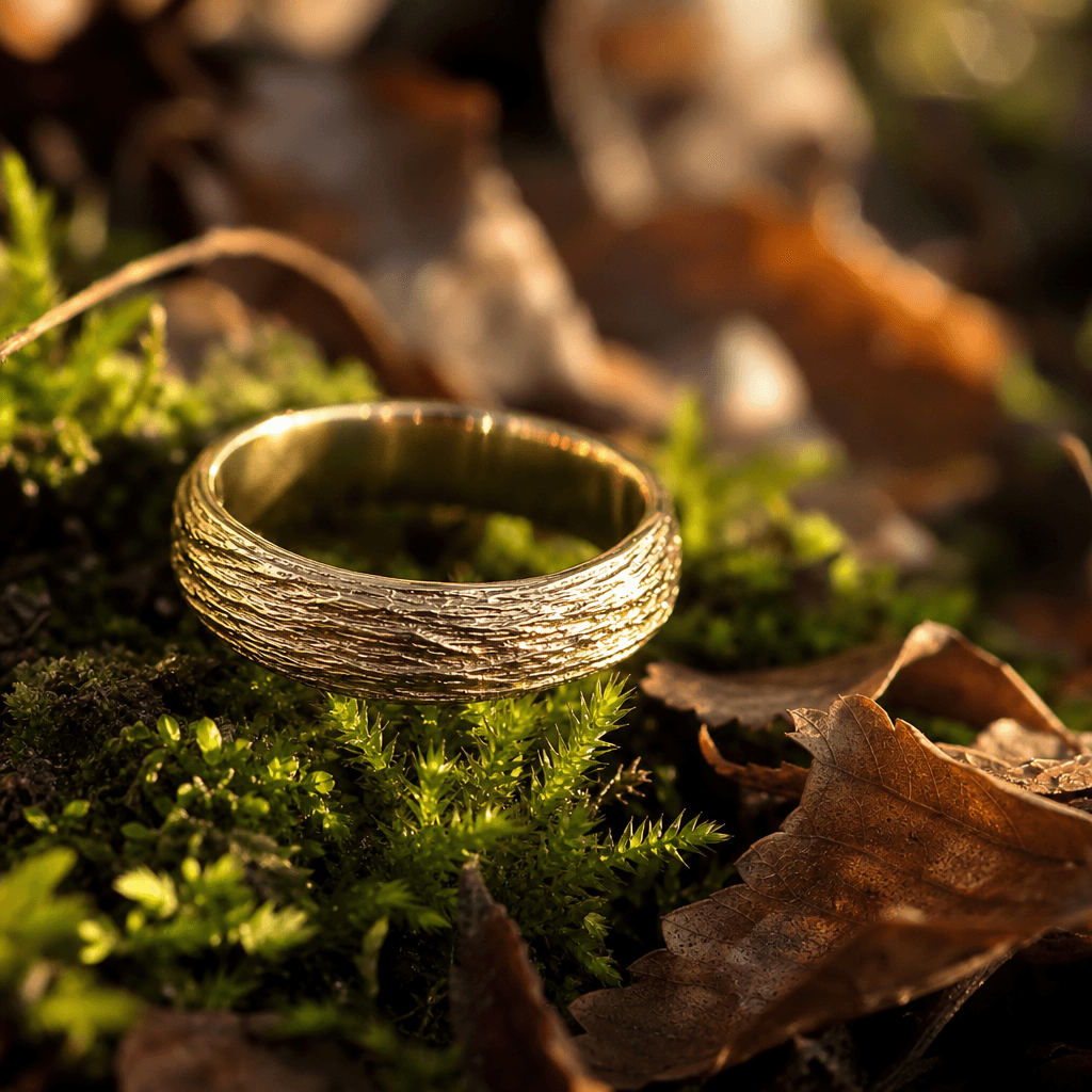 Gold ring resting on forest moss and fallen leaves, macro jewelry photography, golden hour side lighting, shallow depth 