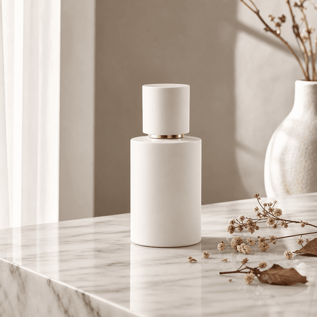 A minimalist white perfume bottle resting on a polished marble surface with faint grey veining, small dried botanicals s