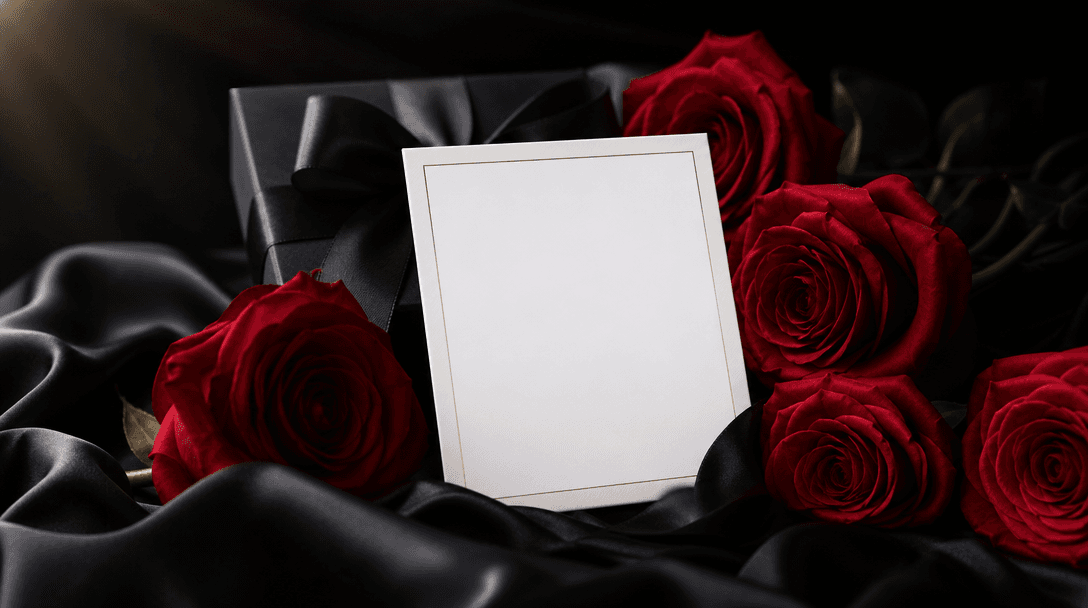 Personalized romantic still life with a blank photographic portrait card nestled among red roses, black satin and a mini