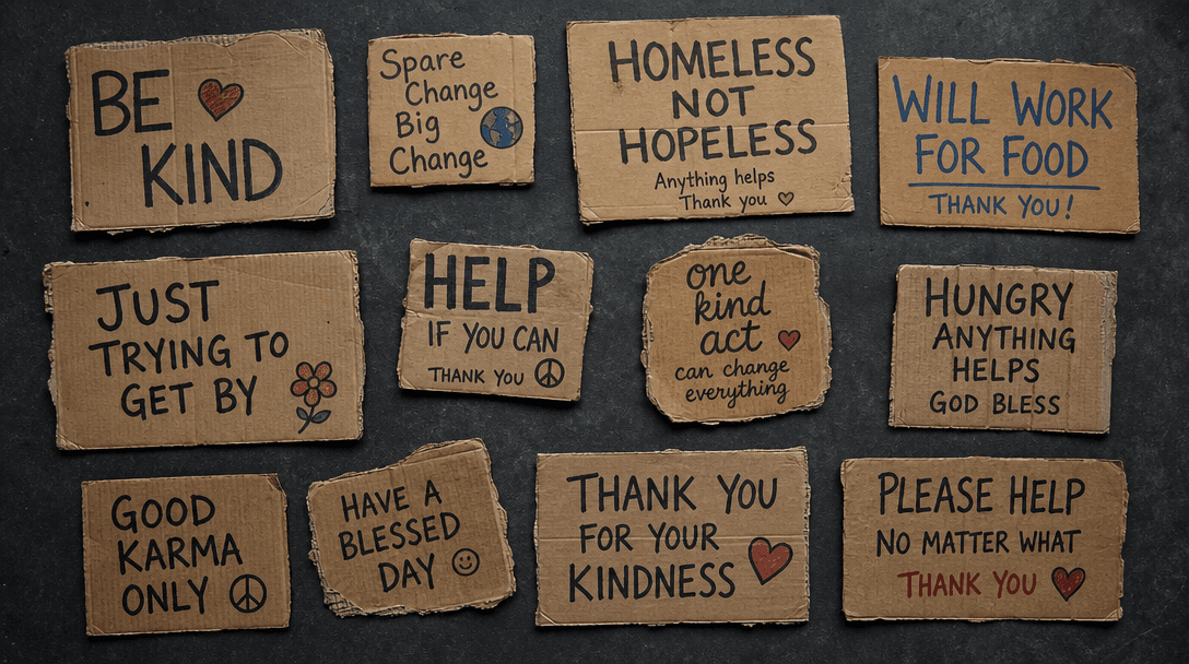 Flat lay of multiple cardboard signs with different messages, arranged artfully on dark surface, varying wear levels, au