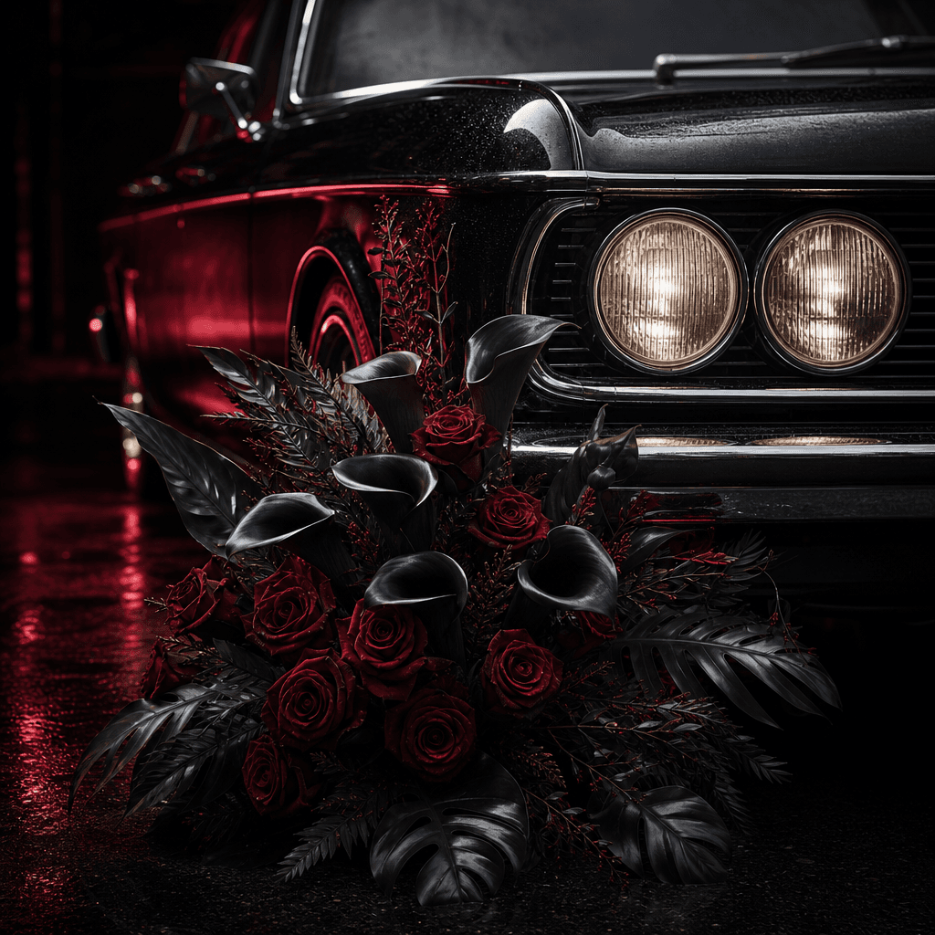 A dramatic bouquet of black calla lilies, crimson roses, and dark foliage positioned beside the headlight of a glossy mi