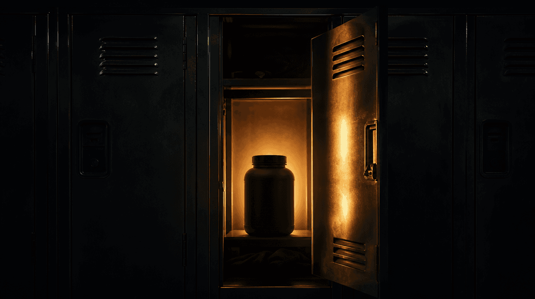 A steel gym locker door photographed at the exact moment of opening, warm interior light spilling outward to silhouette 