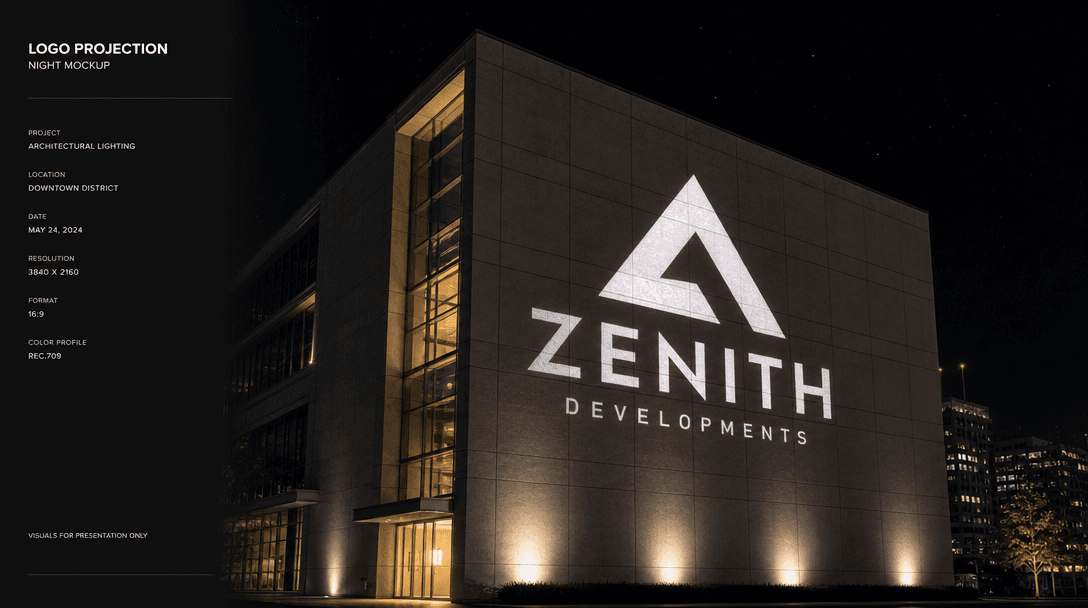 High-resolution video frame of a logo projection on a modern building displayed on a professional dark background. Perfe
