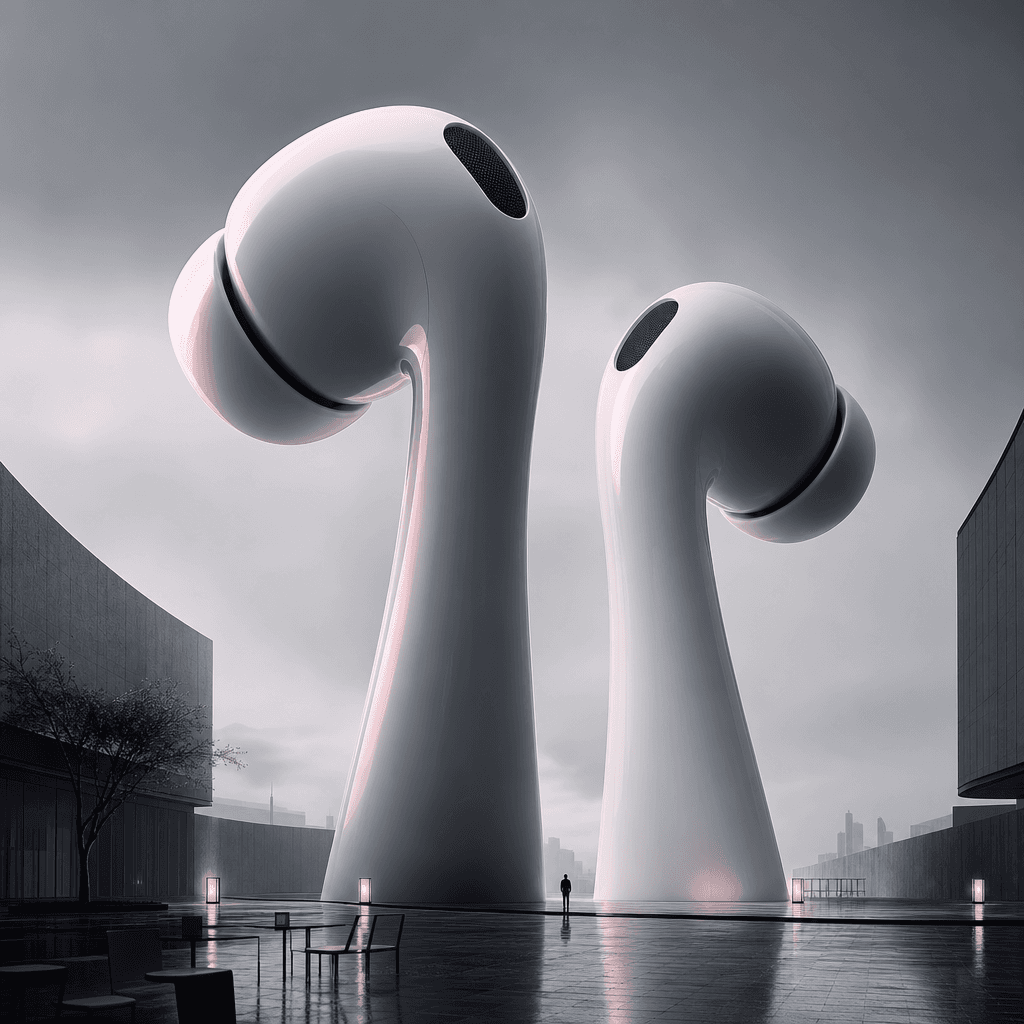 A gigantic pair of compact wireless earbuds rising from an urban plaza like smooth sculptural towers, surrounded by rest