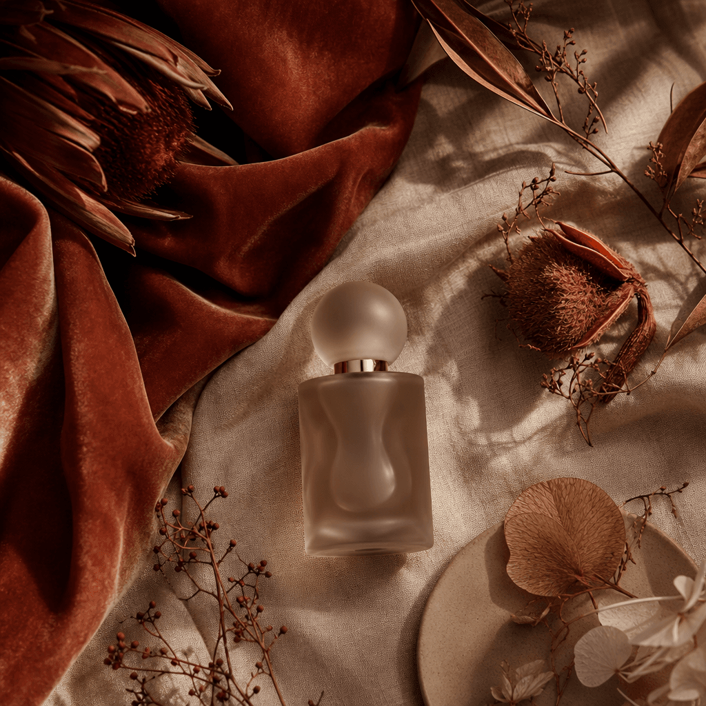 Beauty brand aesthetic in warm terracotta and cream tones. Close-up flatlay of velvet fabric, dried botanicals, and a mi