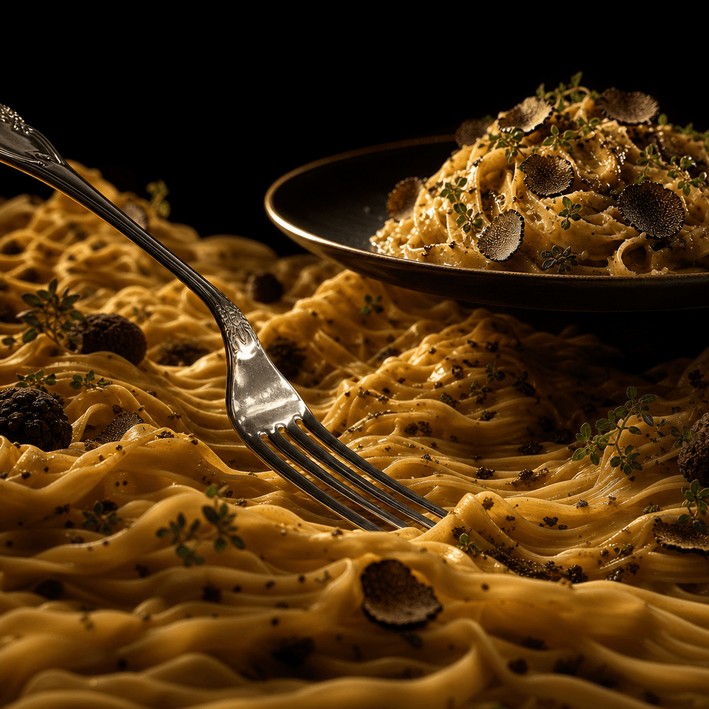 A gleaming fork crossing a landscape formed from silky pasta ribbons toward an elegant plate of truffle tagliatelle, whi