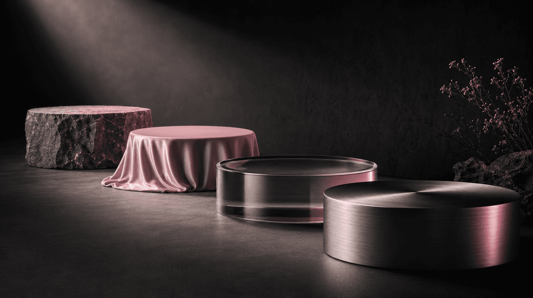 Four refined product pedestals receding through a dark studio, each shaped from a different premium material: stone, sil