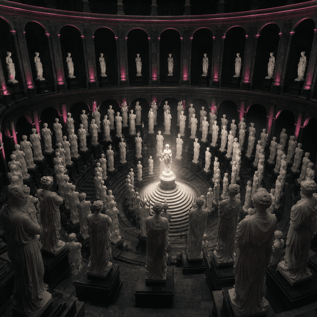 A surreal circular gallery containing a crowd of identical marble statues based on one anonymous subject, sculptures spi