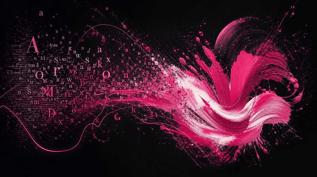 Abstract representation of text transforming into visual art: letters and characters morphing into brush strokes and pai