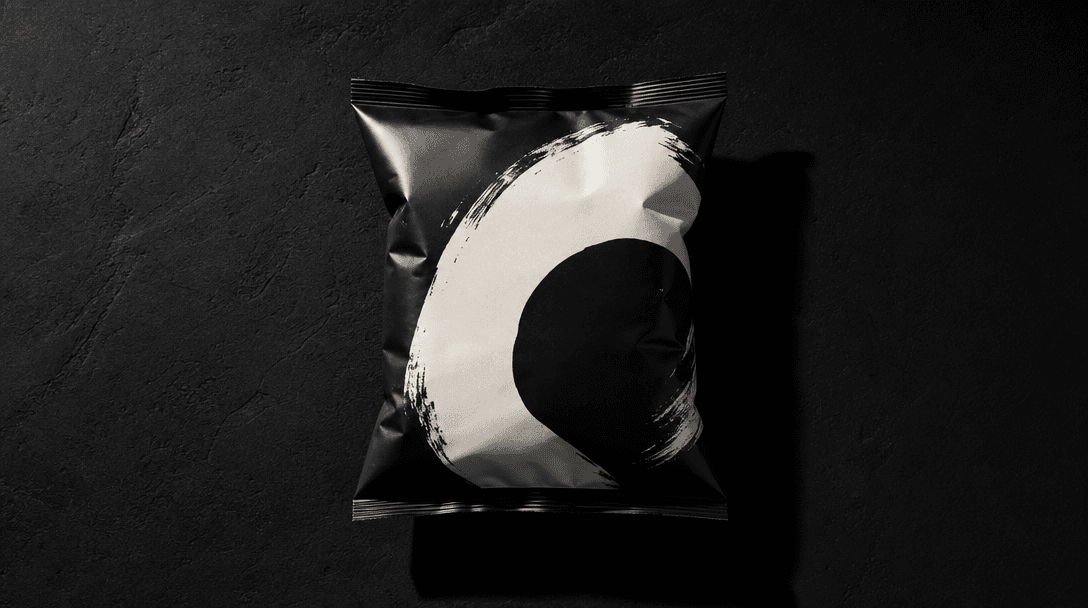 Dark editorial flat-lay: a single sealed snack product with bold graphic packaging centered on a deep near-black charcoa