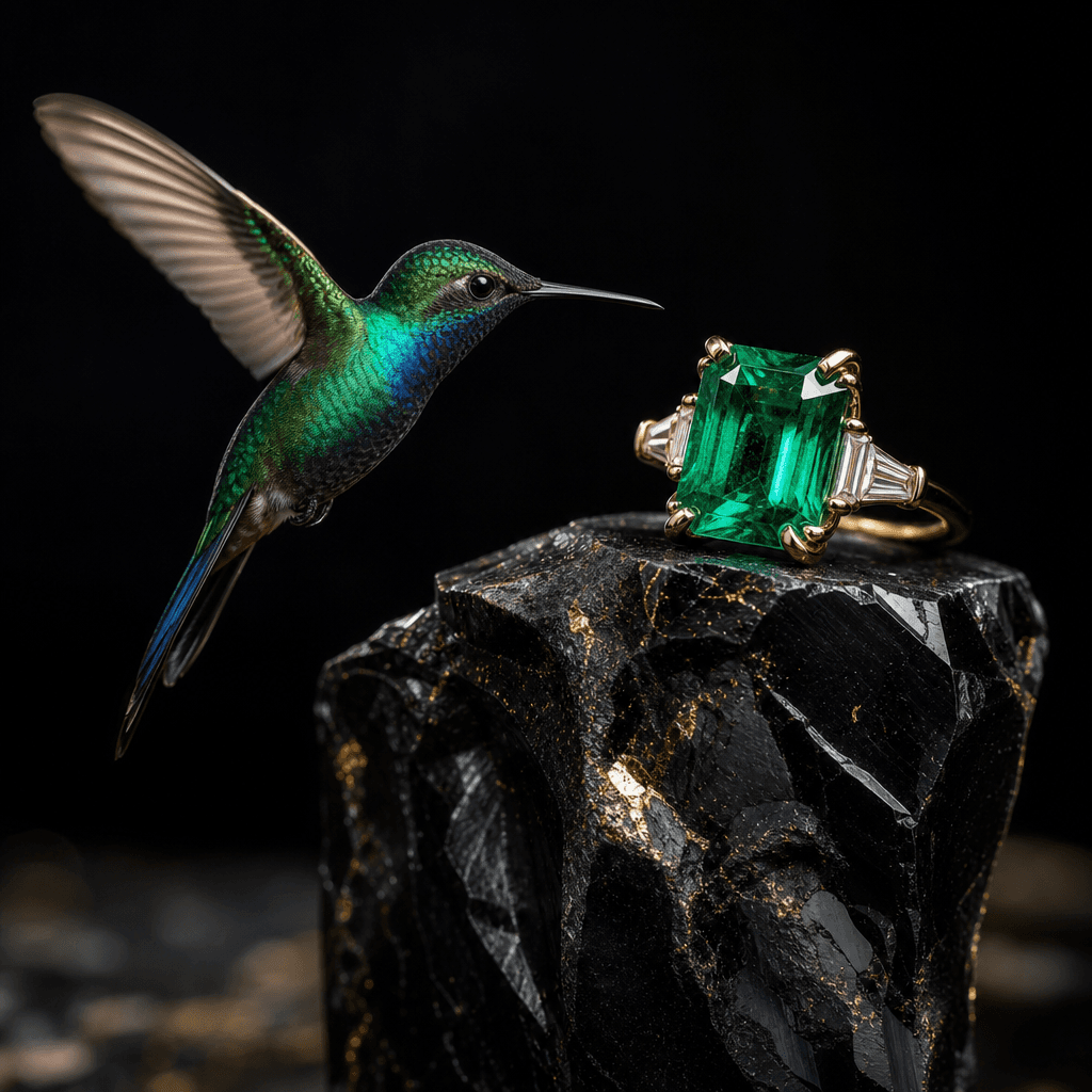 A jewel-toned hummingbird hovering beside an emerald ring balanced on a weathered obsidian pedestal. Cinematic macro pho