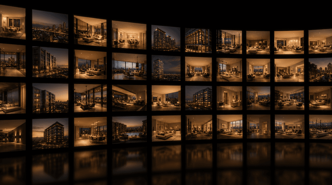 Rows of illuminated apartment listing photographs arranged in a precise editorial grid, glowing softly against a near-bl