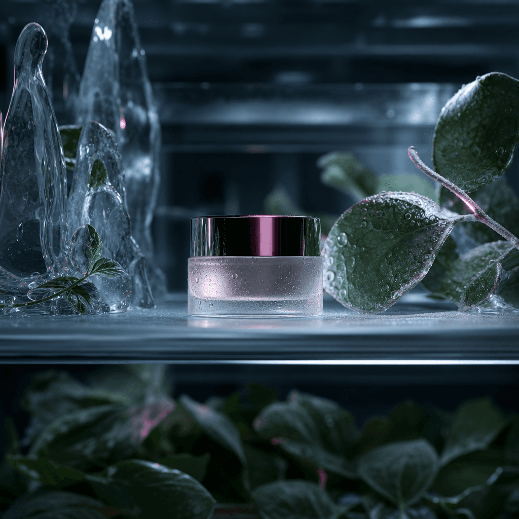 Luxury skincare jar stored on a refrigerator shelf with chilled botanical leaves, water droplets, frosted glass, and scu