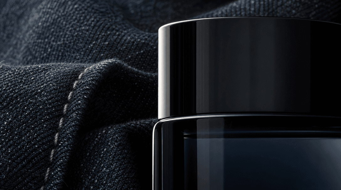 Extreme close-up of a premium cosmetic container beside sharply resolved denim fibers and stitching, emphasizing precise