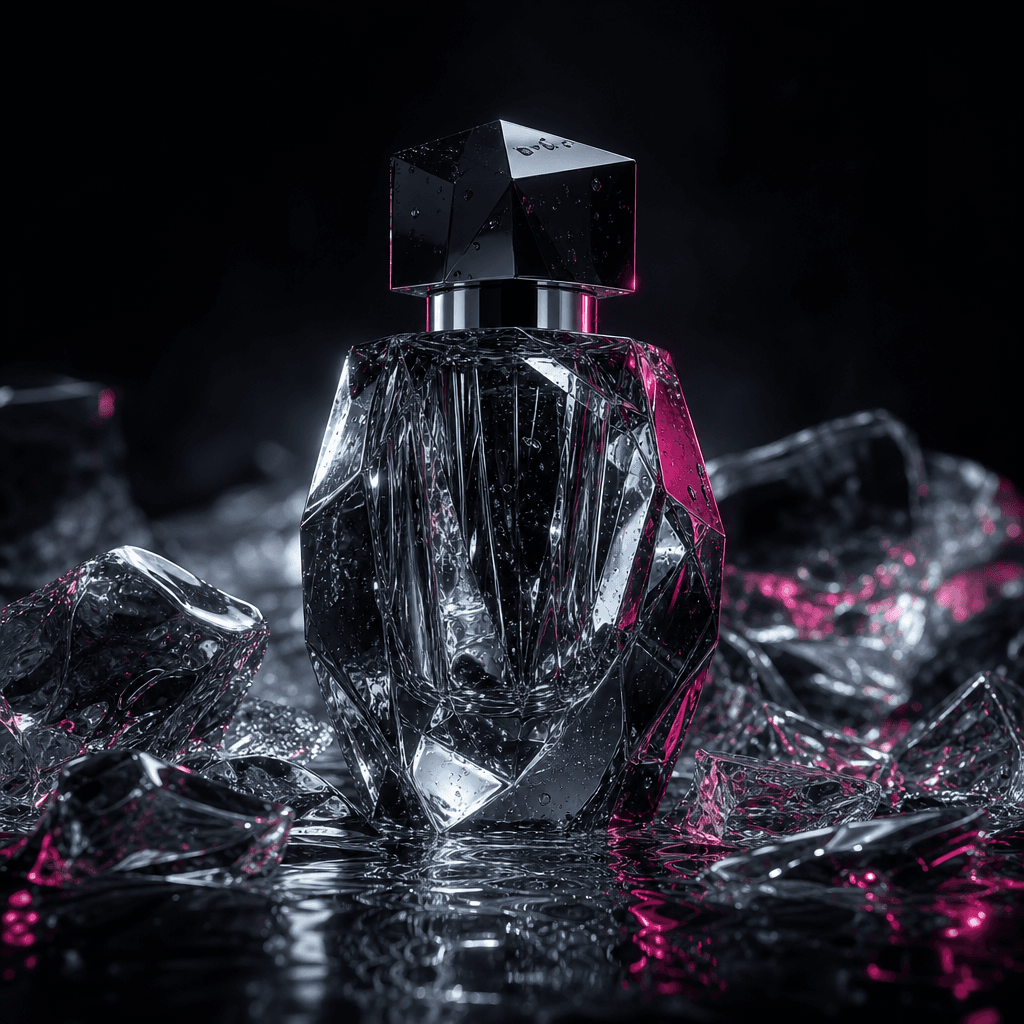 A sculptural fragrance bottle surrounded by fractured clear ice and shallow reflective water, dramatic refractions break