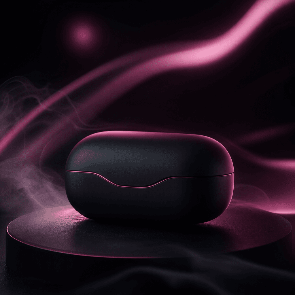 A sculptural wireless earbud case on a matte obsidian platform, surrounded by soft ribbons of translucent vapor and blur