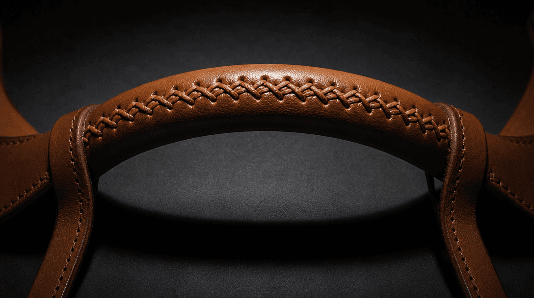 Extreme close-up of a leather bag handle detail — cross-stitched tan leather — lit with a single harsh key light from di