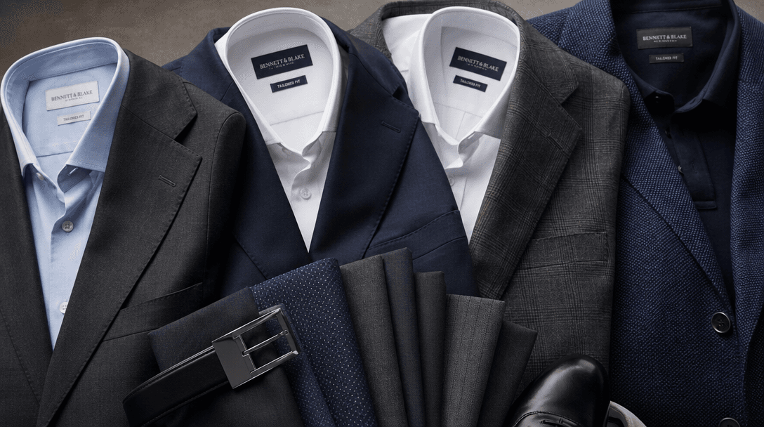 Array of professional suit jackets, dress shirts, and business attire arranged artfully. Modern textile photography with