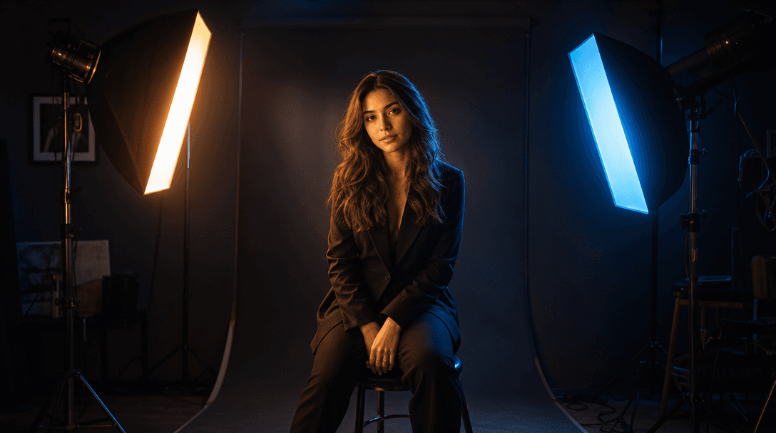 Professional studio lighting rig with soft boxes creating warm and cool key lights for dimensional headshot photography.