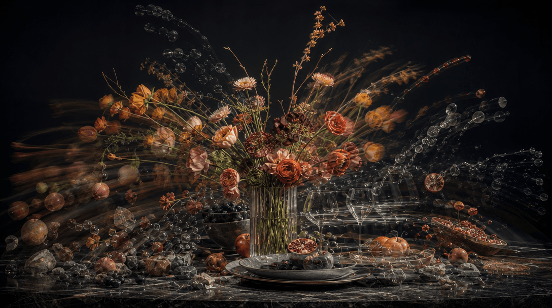 A sophisticated tabletop set assembling itself from scattered fruit, flowers, glass, stone, and droplets, captured as la