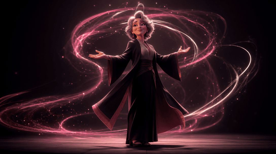 Wide cinematic scene. A single expressive animated character stands on a minimalist dark stage, mid-gesture with arms op