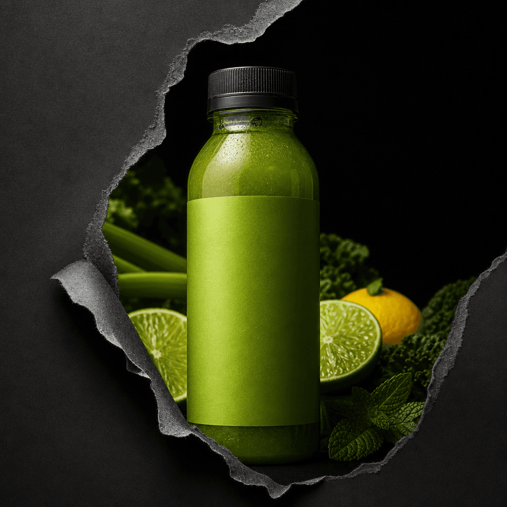 A cold-pressed juice bottle with a minimal label revealed through a torn paper effect. Vivid citrus and green tones of t