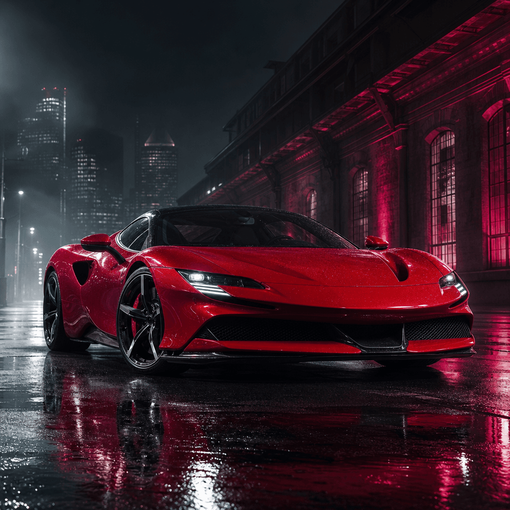 A vivid red sports car parked on a rain-darkened city street at night, cinematic automotive campaign image, low camera a