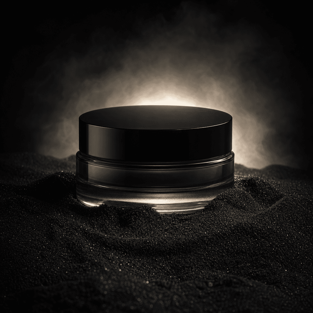 A low glass skincare jar emerging from black sand as a soft ivory backlight traces its circular silhouette. Cinematic st