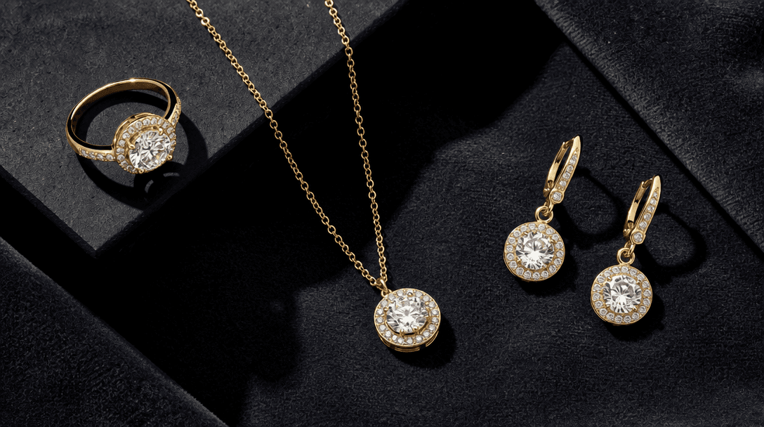 Flat-lay editorial composition: a ring, a necklace, and a pair of earrings arranged on deep charcoal velvet under crisp 