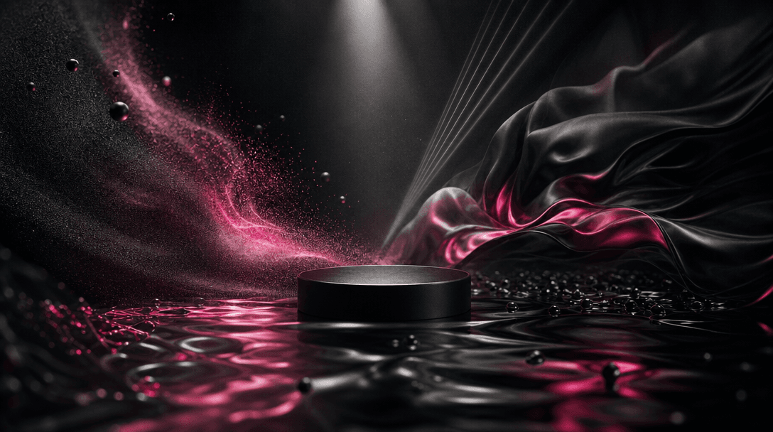 An abstract constellation of distinct cinematic materials converging around one central product pedestal: luminous film 