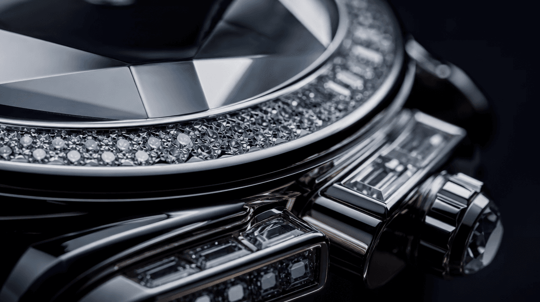 Close-up macro shot of luxury product surface (crystal, polished metal, diamond-like texture) with dramatic studio light