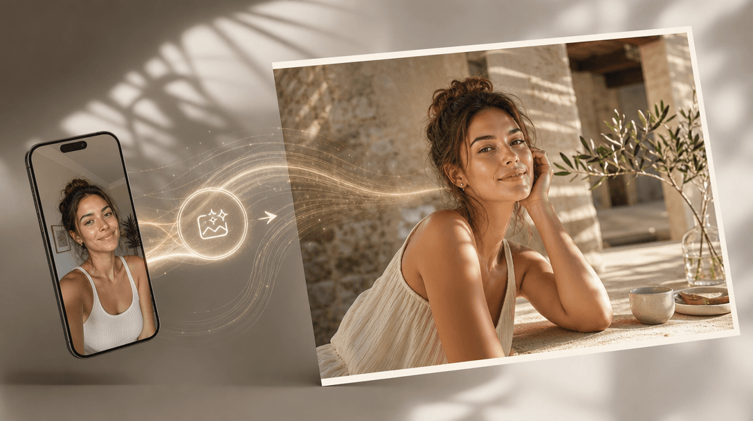 An abstract representation of the effortless creation feature, showcasing a beautiful lifestyle photo emerging from a se