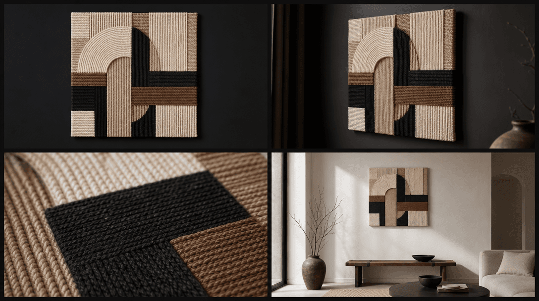 Four editorial panels showing the same geometric woven wall art piece from different perspectives — straight on full vie