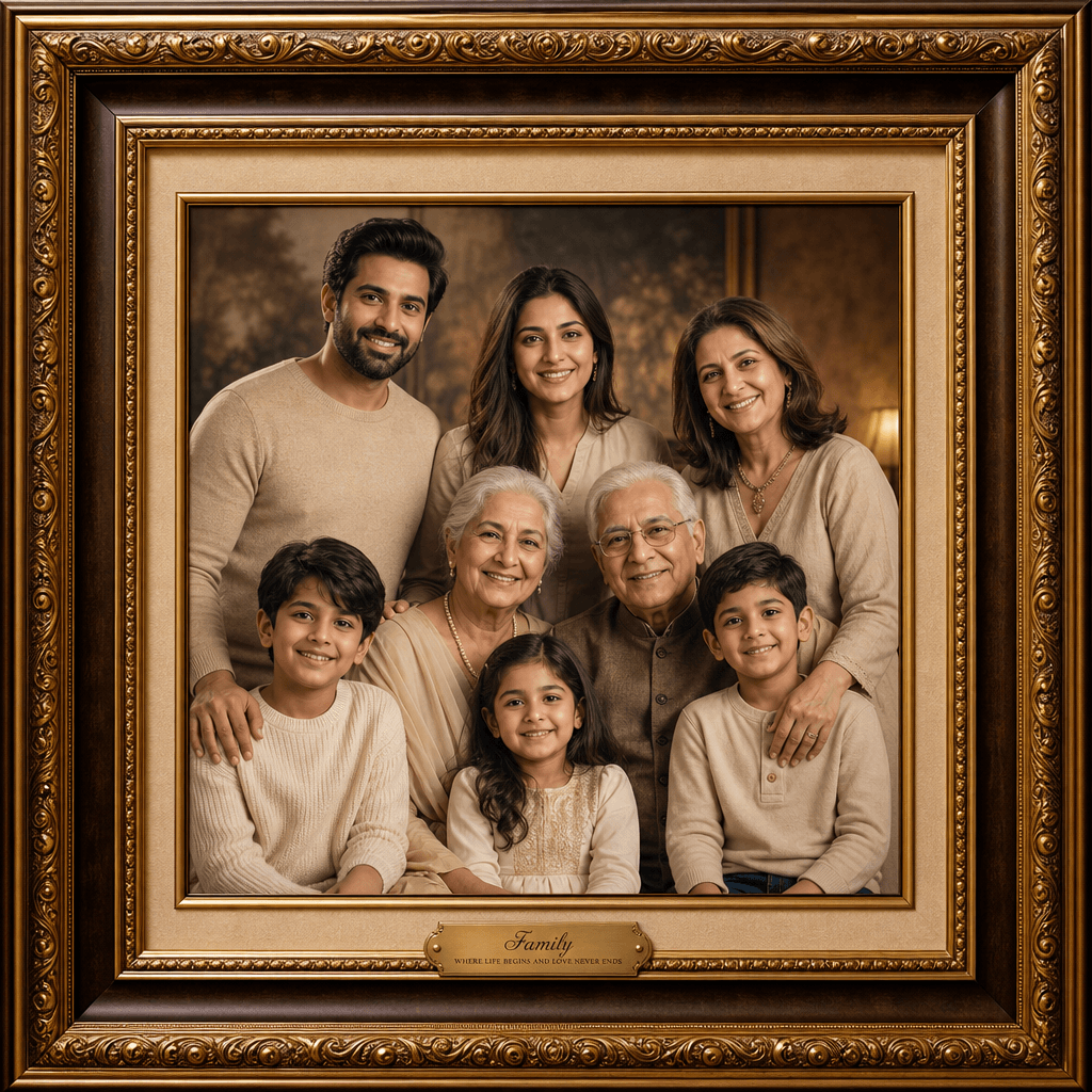 Multi-generational family group photo with nested frame styling. Grandparents, parents, and children in frame compositio