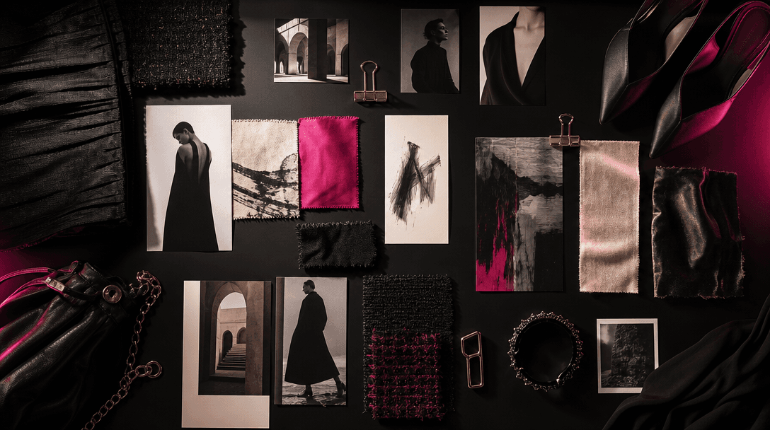 An atmospheric fashion moodboard built from real fabric swatches, metal clips, printed photographs without readable text