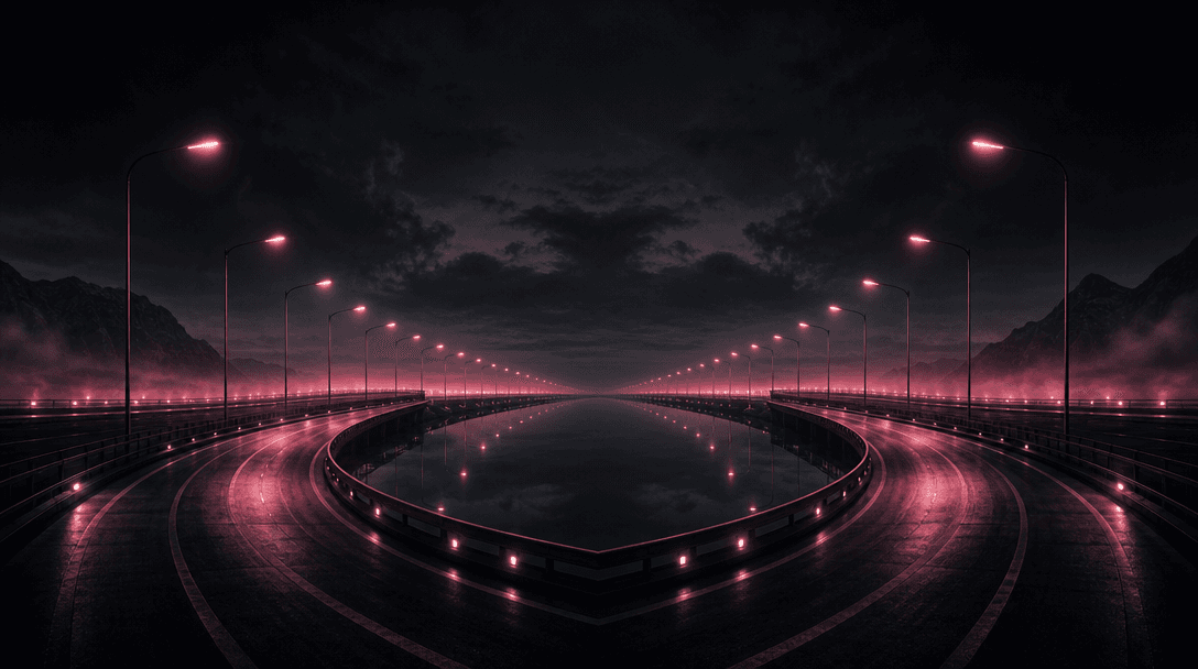 An abstract study of panoramic perspective using curved roads, mirrored horizons, repeating streetlights, and deep vanis