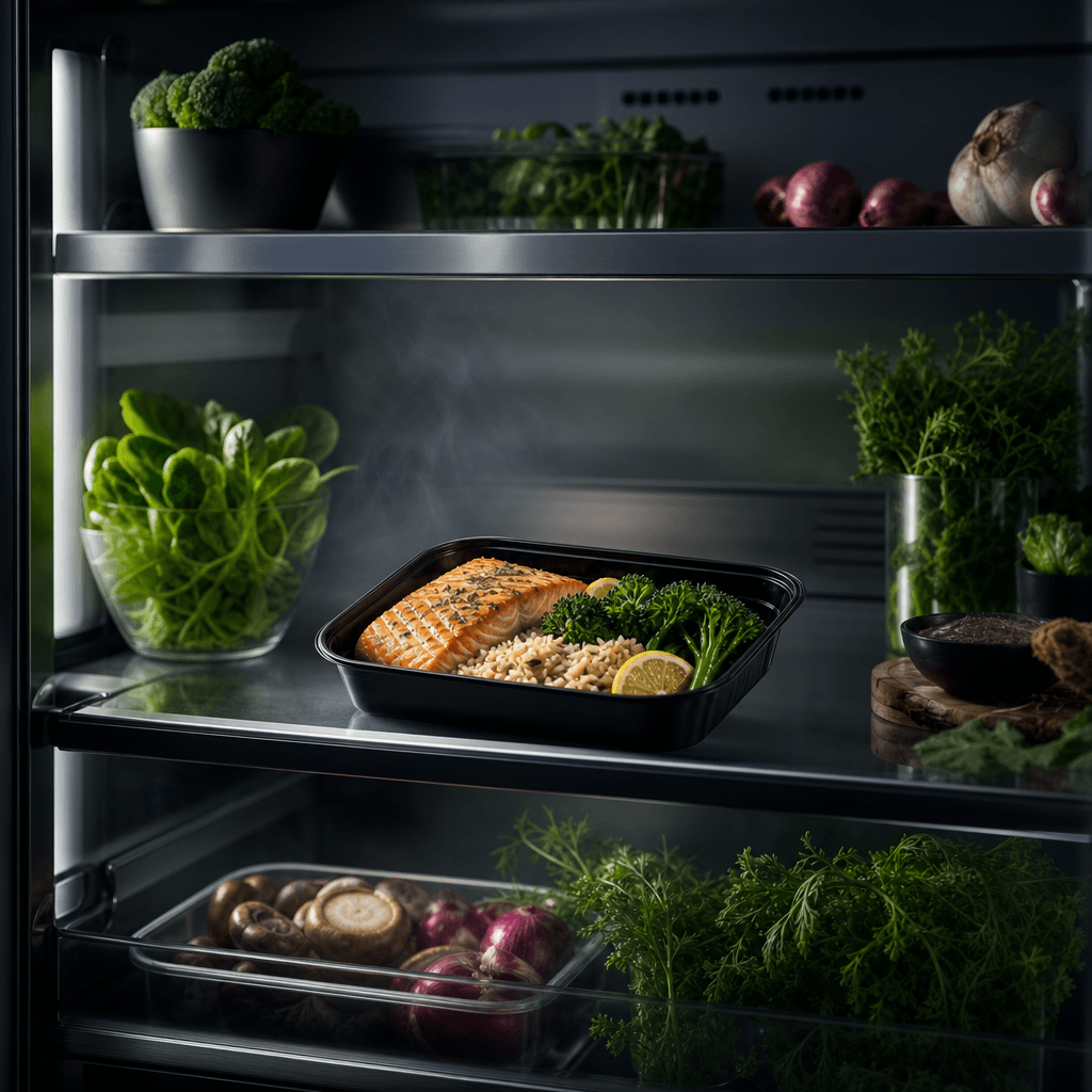 Minimal prepared meal tray placed prominently in a sophisticated refrigerator scene, fresh herbs and vegetables arranged
