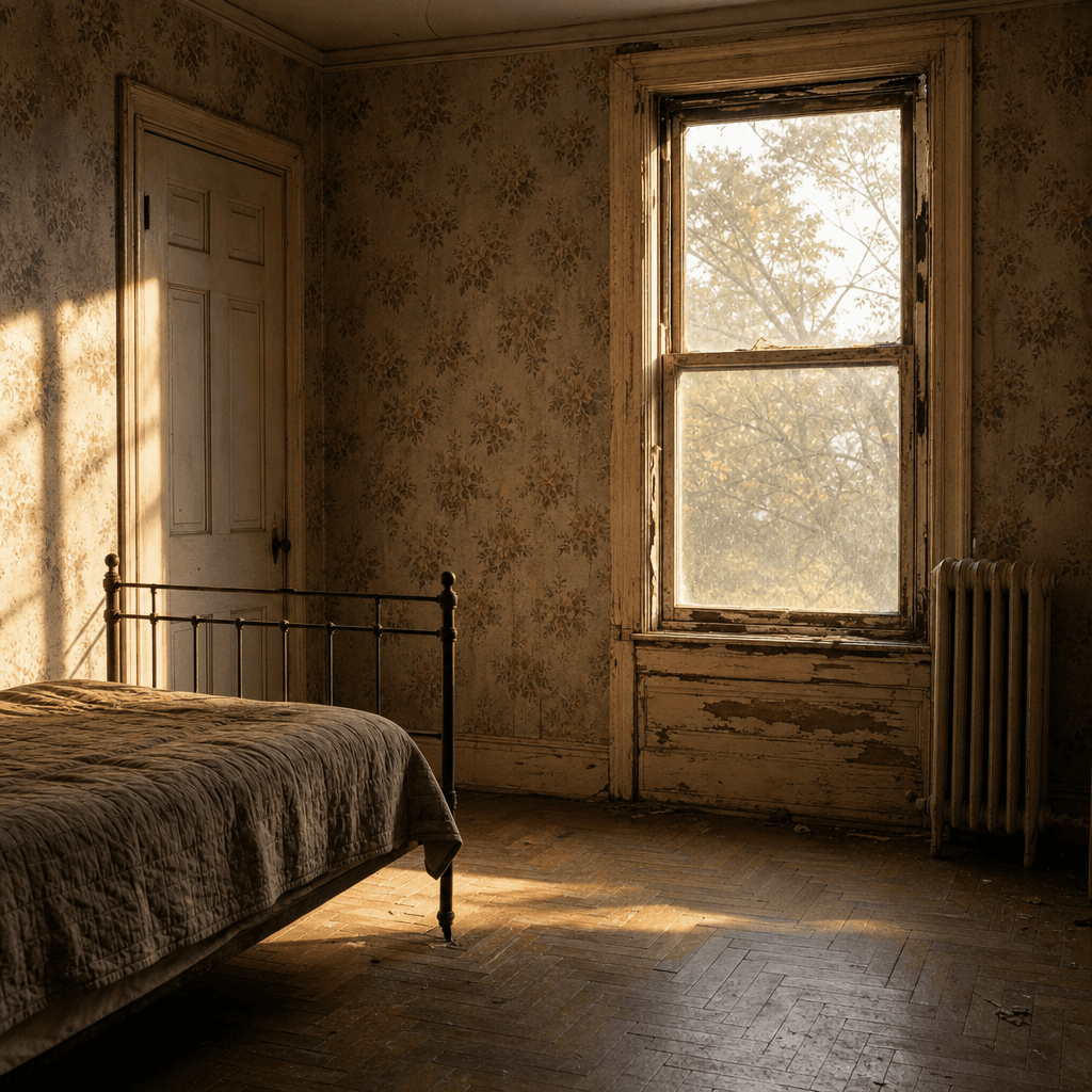 AI-reconstructed pre-renovation bedroom interior — faded floral wallpaper, cast-iron radiator, aged parquet floorboards 