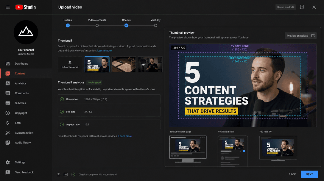 YouTube Studio upload interface mockup: Thumbnail preview showing optimized 1280×720 dimensions, safe zones highlighted,